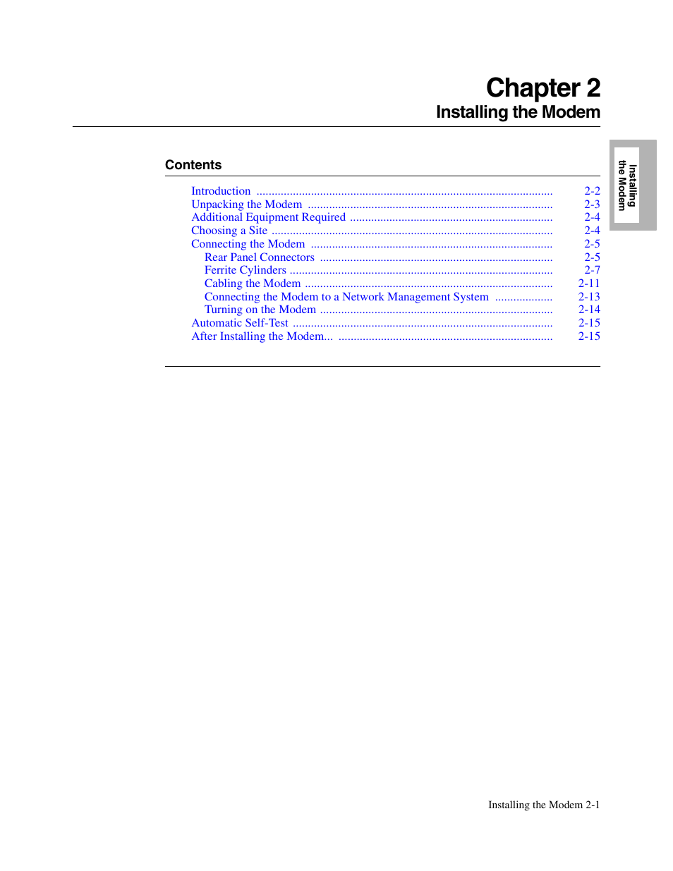 Chaptitle - installing the modem, Chapter 2, installing the modem, Chapter 2, installing the modem , e | Chapter 2, Installing the modem | Telenetics V.34-SDC User Manual | Page 31 / 233