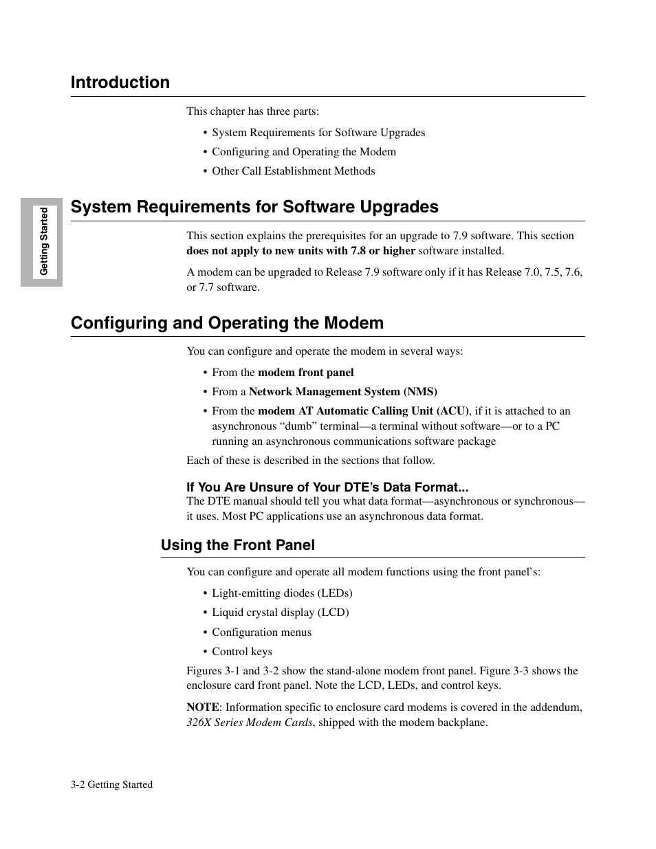 1tophead - introduction, 1head - system requirements for software upgrades, 1head - configuring and operating the modem | 2head - using the front panel, Introduction, System requirements for software upgrades, Configuring and operating the modem, Using the front panel | Telenetics V.34-SDC User Manual | Page 48 / 233