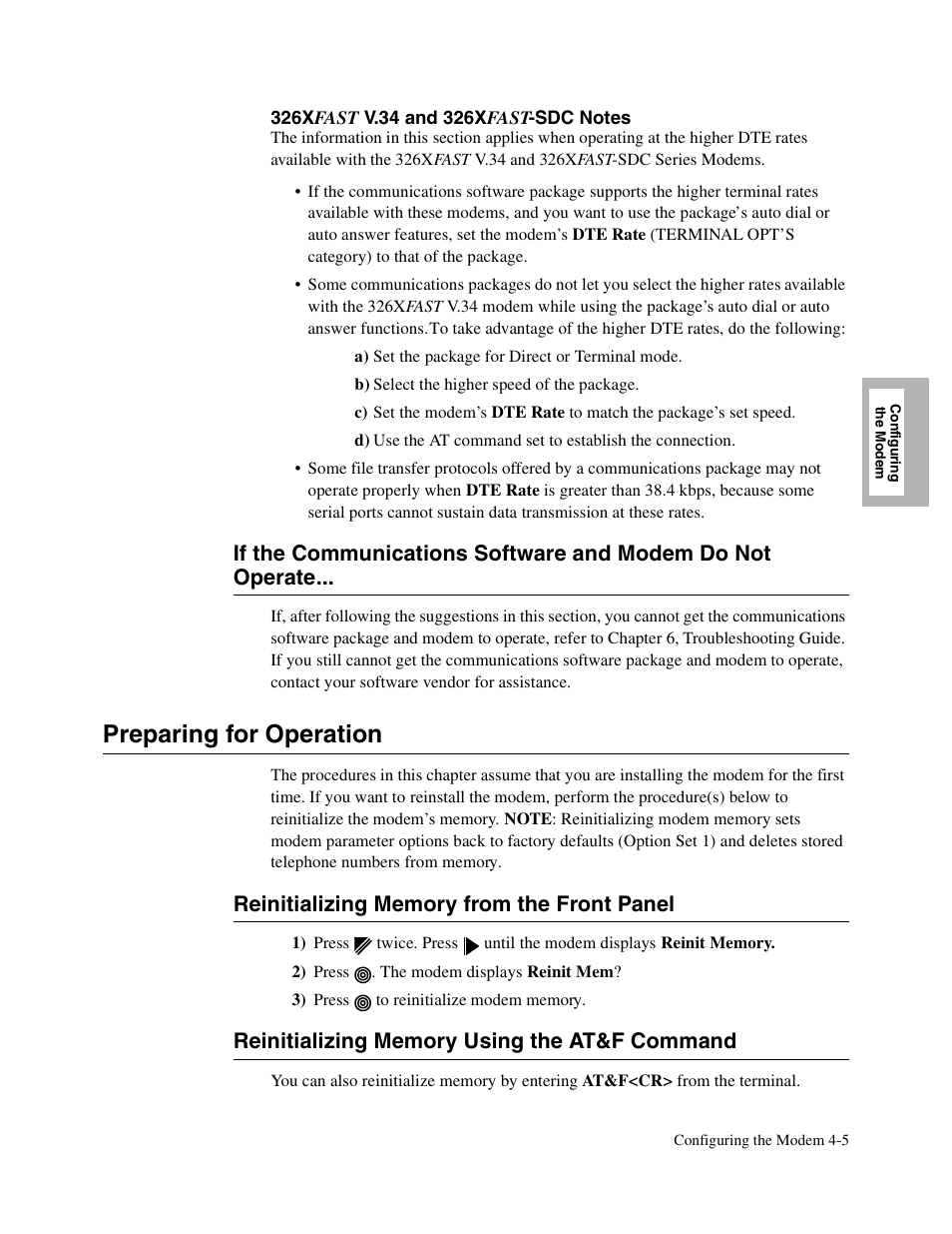 1head - preparing for operation, 2head - reinitializing memory from the front panel, Preparing for operation | Reinitializing memory from the front panel, Reinitializing memory using the at&f command | Telenetics V.34-SDC User Manual | Page 63 / 233