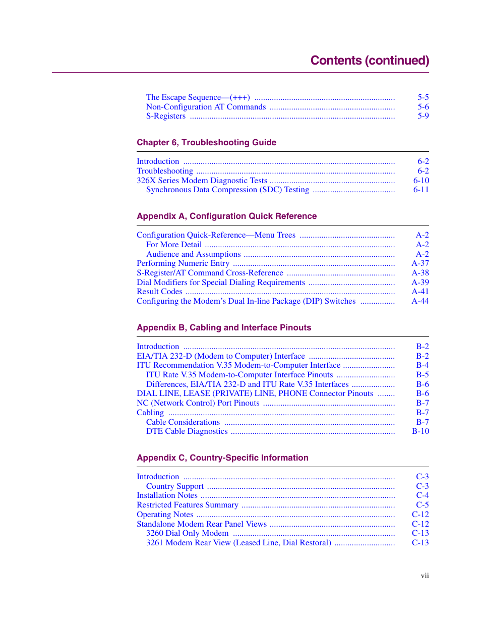 Contents (continued) | Telenetics V.34-SDC User Manual | Page 7 / 233