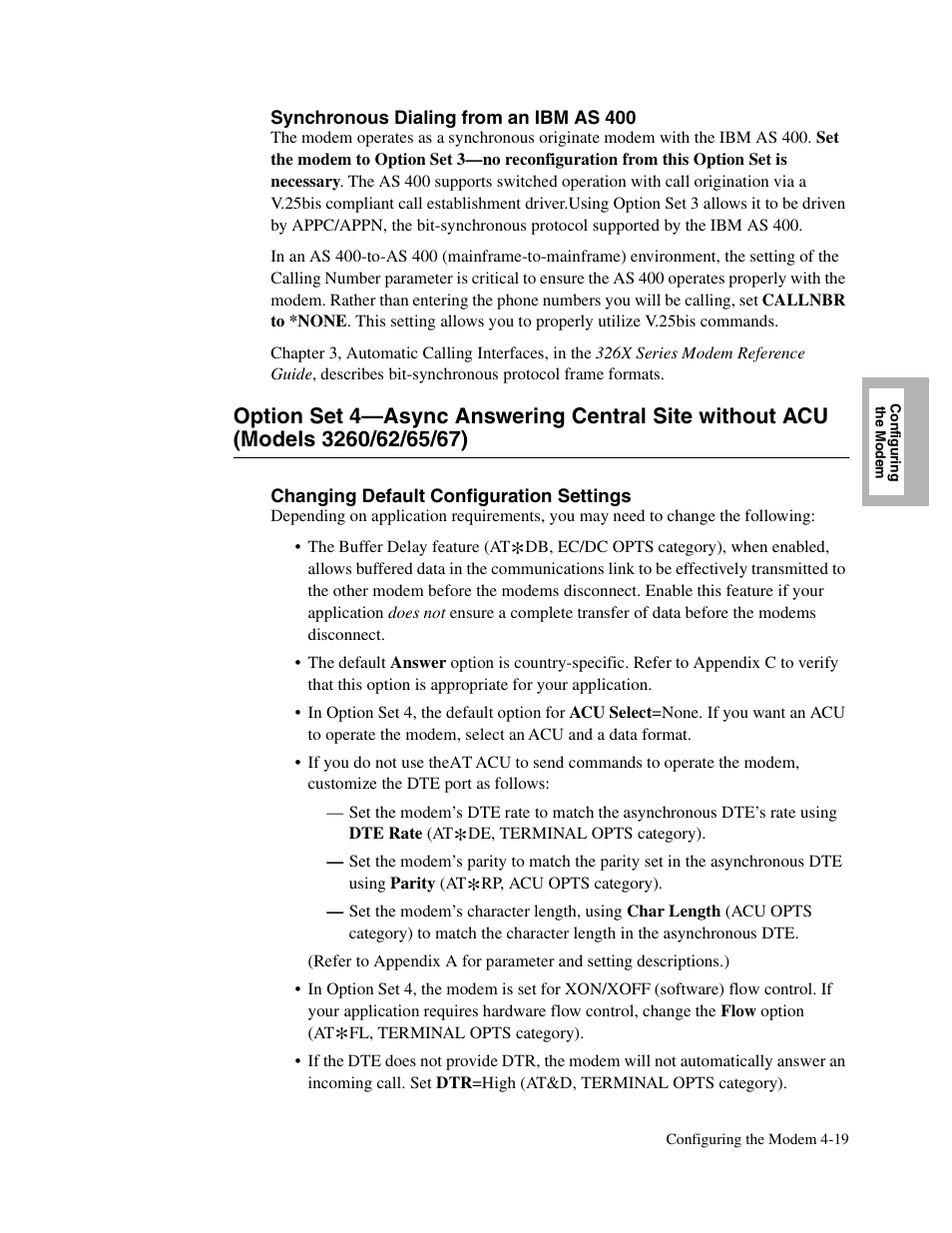 Models 3260/62/65/67), Option set 4—async answering central site, Without acu (models 3260/62/65/67) | Telenetics V.34-SDC User Manual | Page 77 / 233