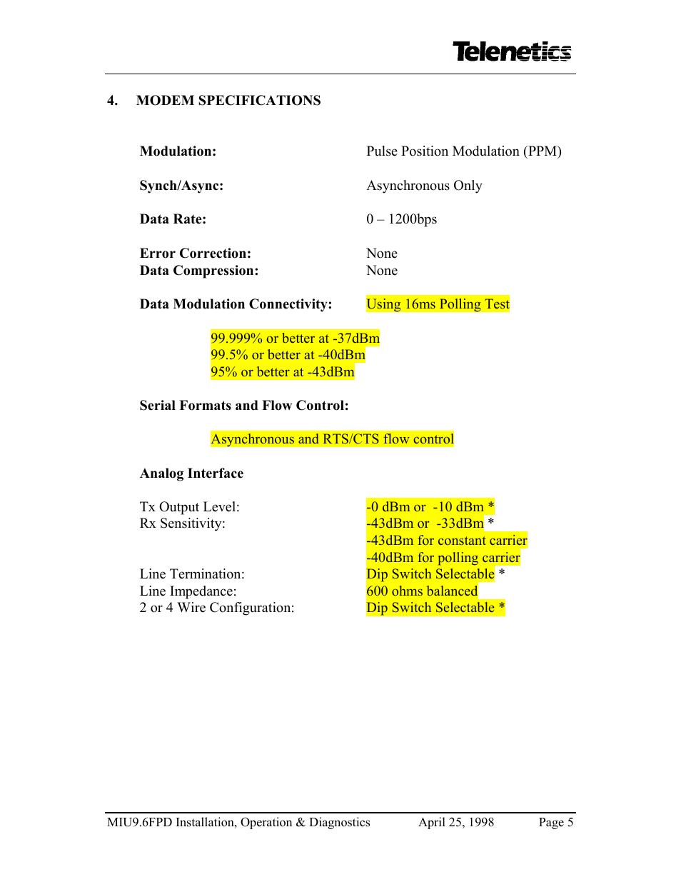 Telenetics MIU9.6FPD User Manual | Page 7 / 22