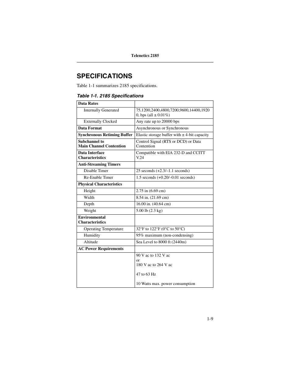 Specifications, Specifications -9 | Telenetics 2185 User Manual | Page 15 / 64