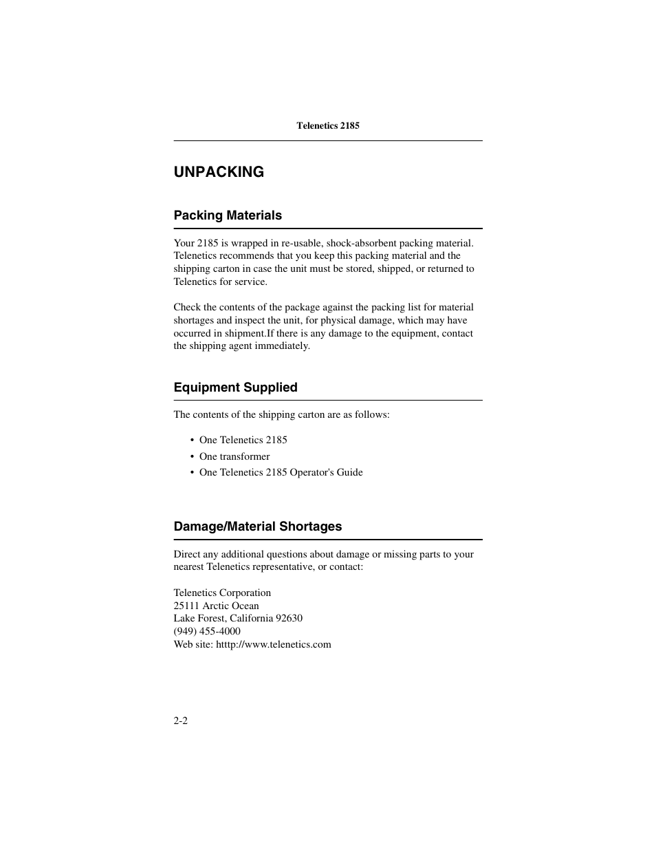 Unpacking, Packing materials, Equipment supplied | Damage/material shortages, Unpacking -2 | Telenetics 2185 User Manual | Page 18 / 64