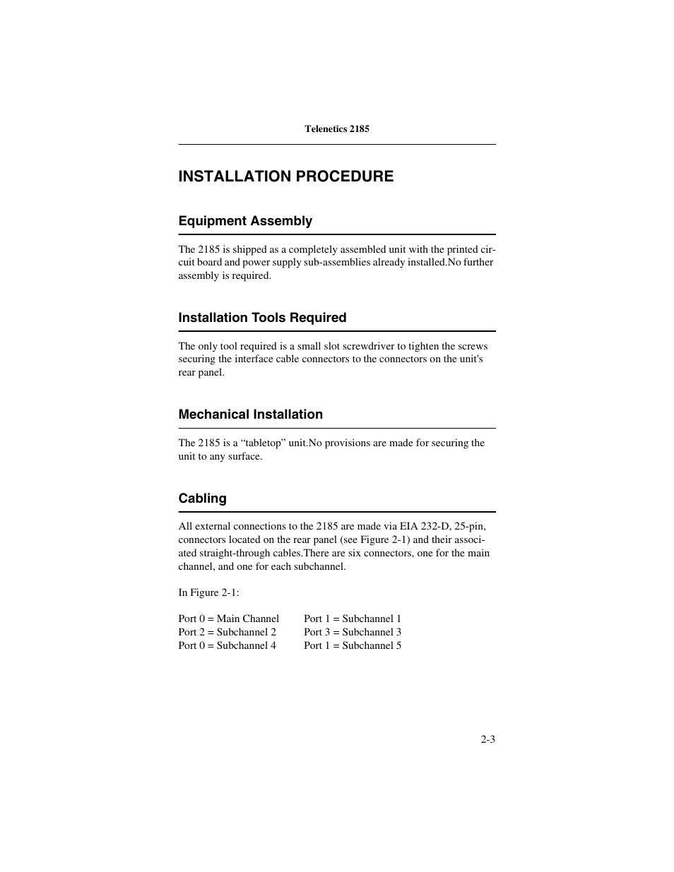 Installation procedure, Equipment assembly, Installation tools required | Mechanical installation, Cabling, Installation procedure -3 | Telenetics 2185 User Manual | Page 19 / 64