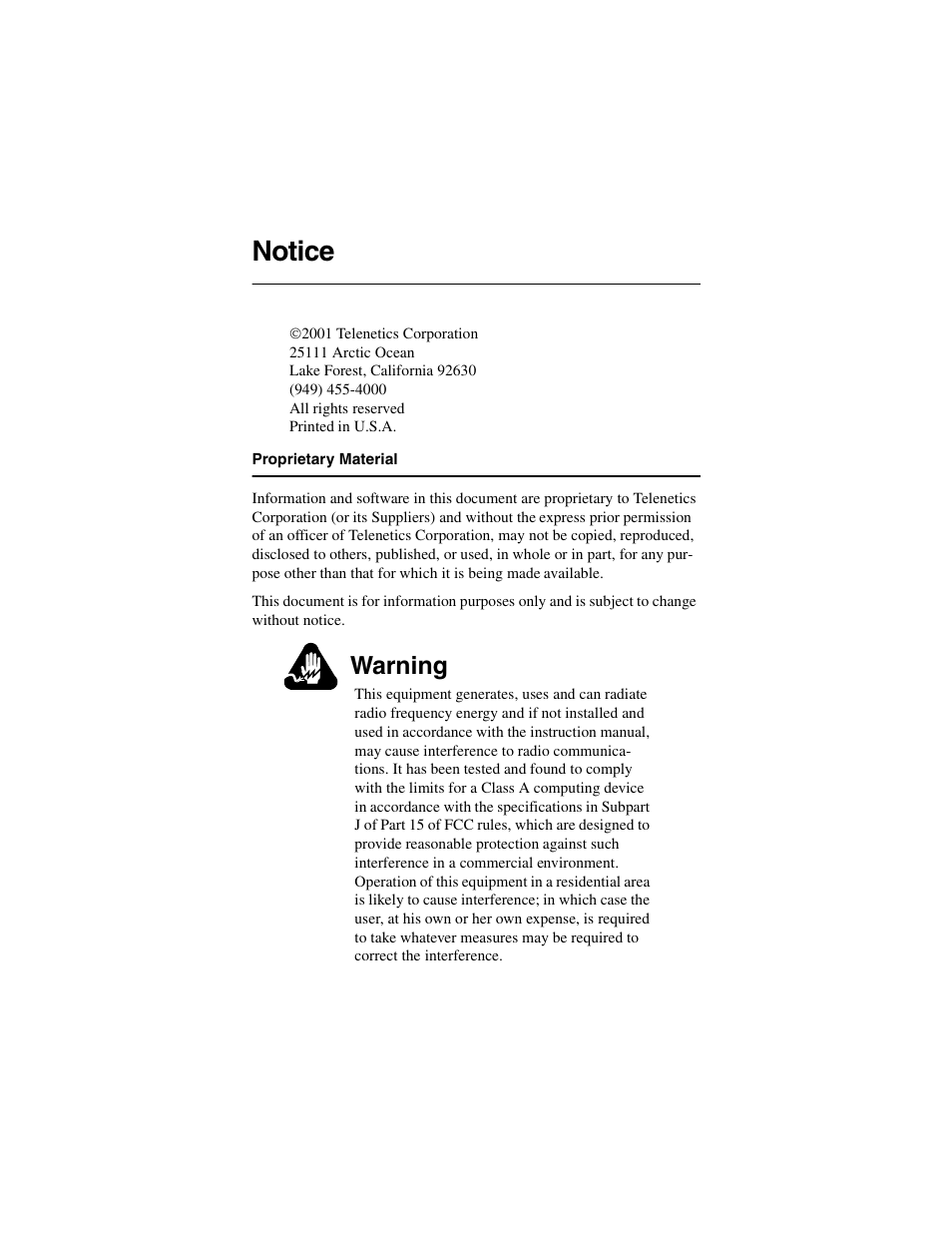 Proprietary material, Notice, Warning | Telenetics 2185 User Manual | Page 2 / 64