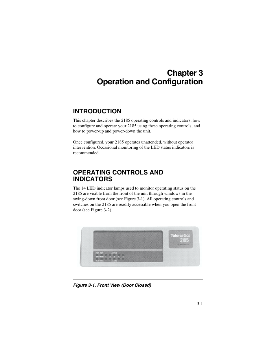 Chapter 3, Introduction, Operating controls and indicators | Chapter 3, operation and configuration, Chapter 3 operation and configuration | Telenetics 2185 User Manual | Page 23 / 64