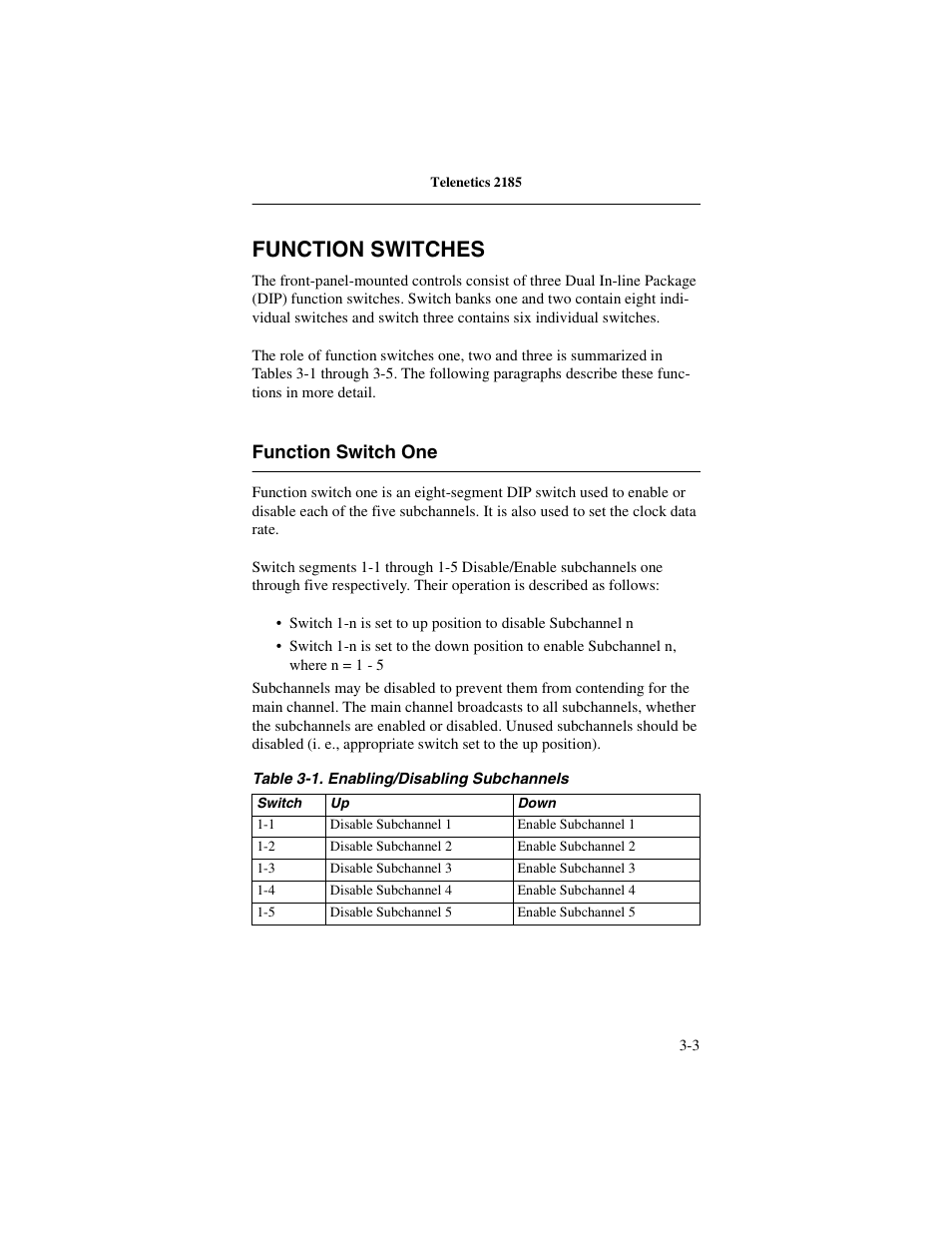 Function switches, Function switch one, Function switches -3 | Function switch one -3 | Telenetics 2185 User Manual | Page 25 / 64