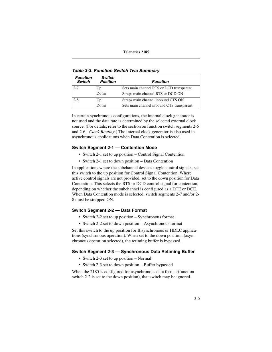 Switch segment 2-1 — contention mode, Switch segment 2-2 — data format | Telenetics 2185 User Manual | Page 27 / 64