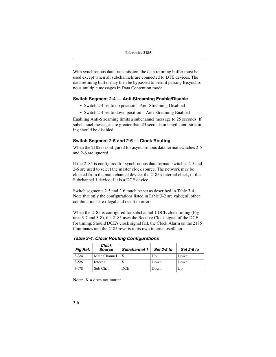 Switch segment 2-4 — anti-streaming enable/disable, Switch segment 2-5 and 2-6 — clock routing | Telenetics 2185 User Manual | Page 28 / 64