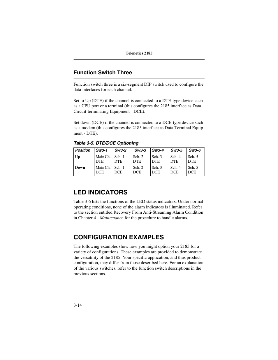 Function switch three, Led indicators, Configuration examples | Function switch three -14, Led indicators -14 configuration examples -14 | Telenetics 2185 User Manual | Page 36 / 64