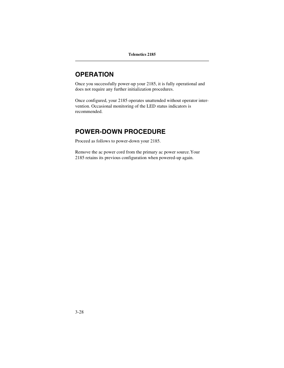 Operation, Power-down procedure, Operation -28 power-down procedure -28 | Telenetics 2185 User Manual | Page 50 / 64