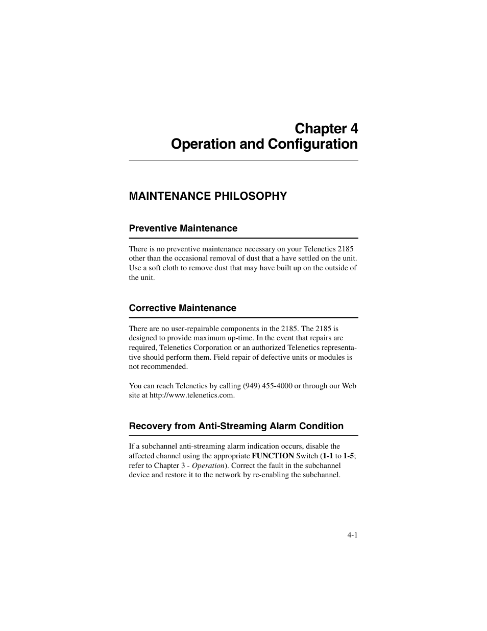 Chapter 4, Maintenance philosophy, Preventive maintenance | Corrective maintenance, Recovery from anti-streaming alarm condition, Chapter 4, operation and configuration, Maintenance philosophy -1, Chapter 4 operation and configuration | Telenetics 2185 User Manual | Page 51 / 64