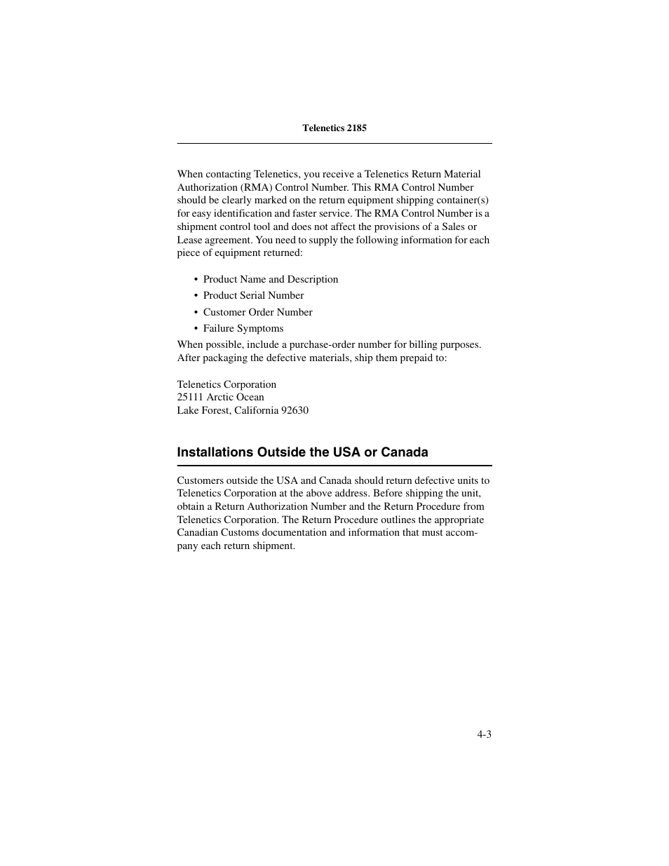 Installations outside the usa or canada, Installations outside the usa or canada -3 | Telenetics 2185 User Manual | Page 53 / 64