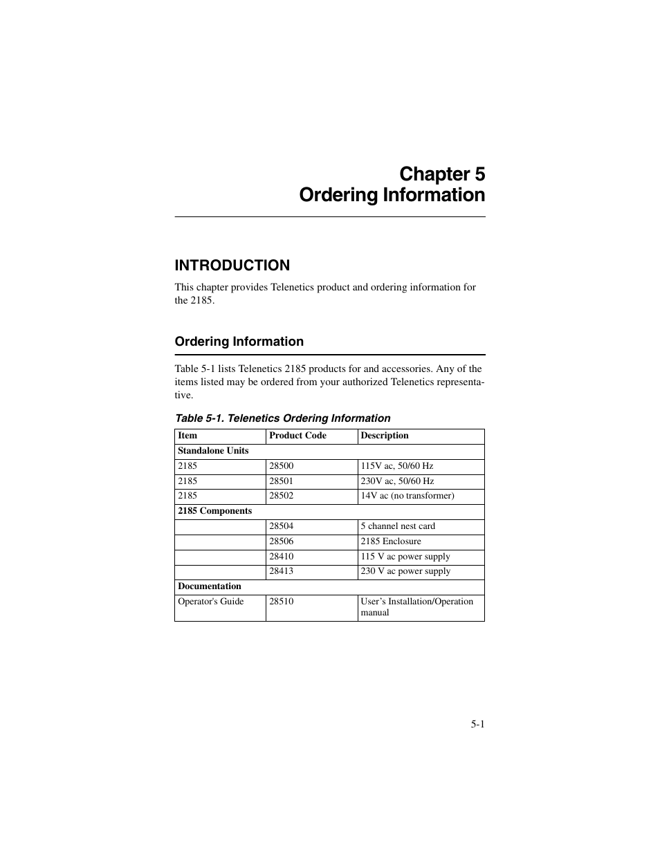 Chapter 5, Introduction, Ordering information | Chapter 5, ordering information, Introduction -1, Ordering information -1, Chapter 5 ordering information | Telenetics 2185 User Manual | Page 55 / 64