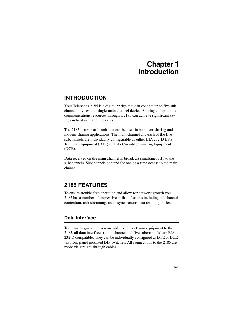 Chapter 1, Introduction, 2185 features | Data interface, Chapter 1, introduction, Introduction -1 2185 features -1, Data interface -1, Chapter 1 introduction | Telenetics 2185 User Manual | Page 7 / 64