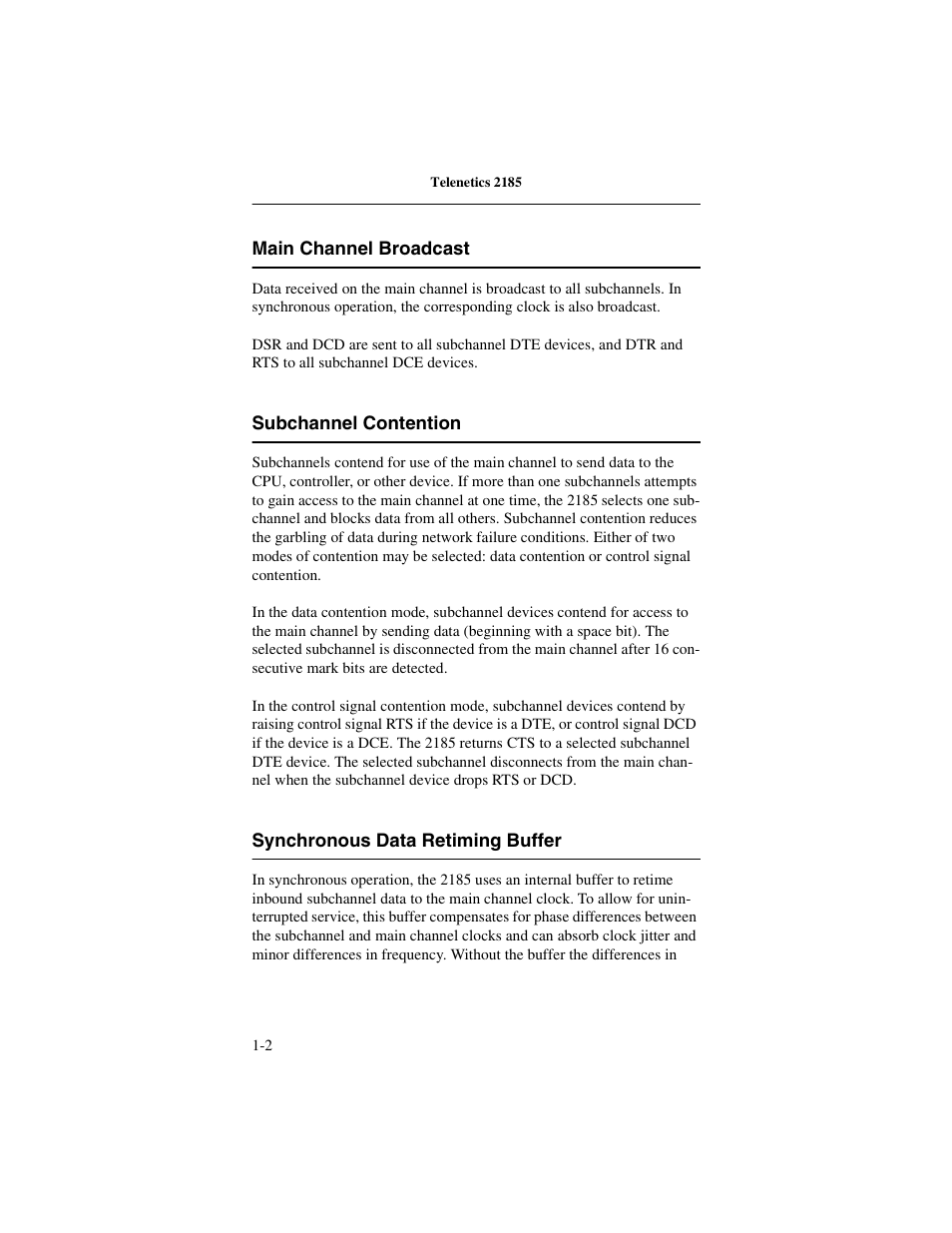 Main channel broadcast, Subchannel contention, Synchronous data retiming buffer | Telenetics 2185 User Manual | Page 8 / 64