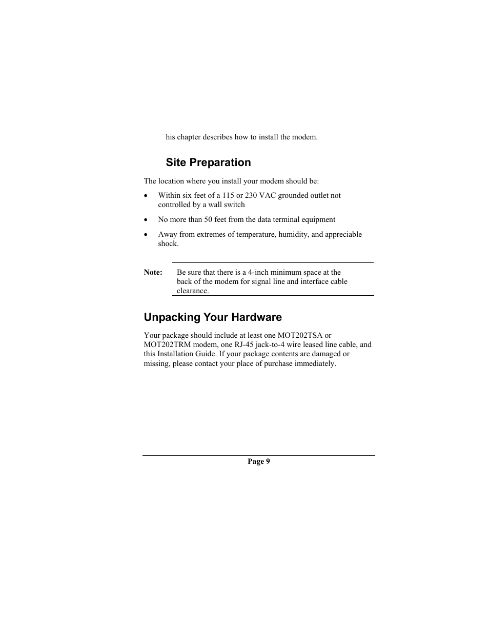 Site preparation, Unpacking your hardware, Chapter 2 installing the modem s | Reparation, Npacking, Ardware, Chapter 2 installing the modem | Telenetics MOT202TRM User Manual | Page 11 / 38