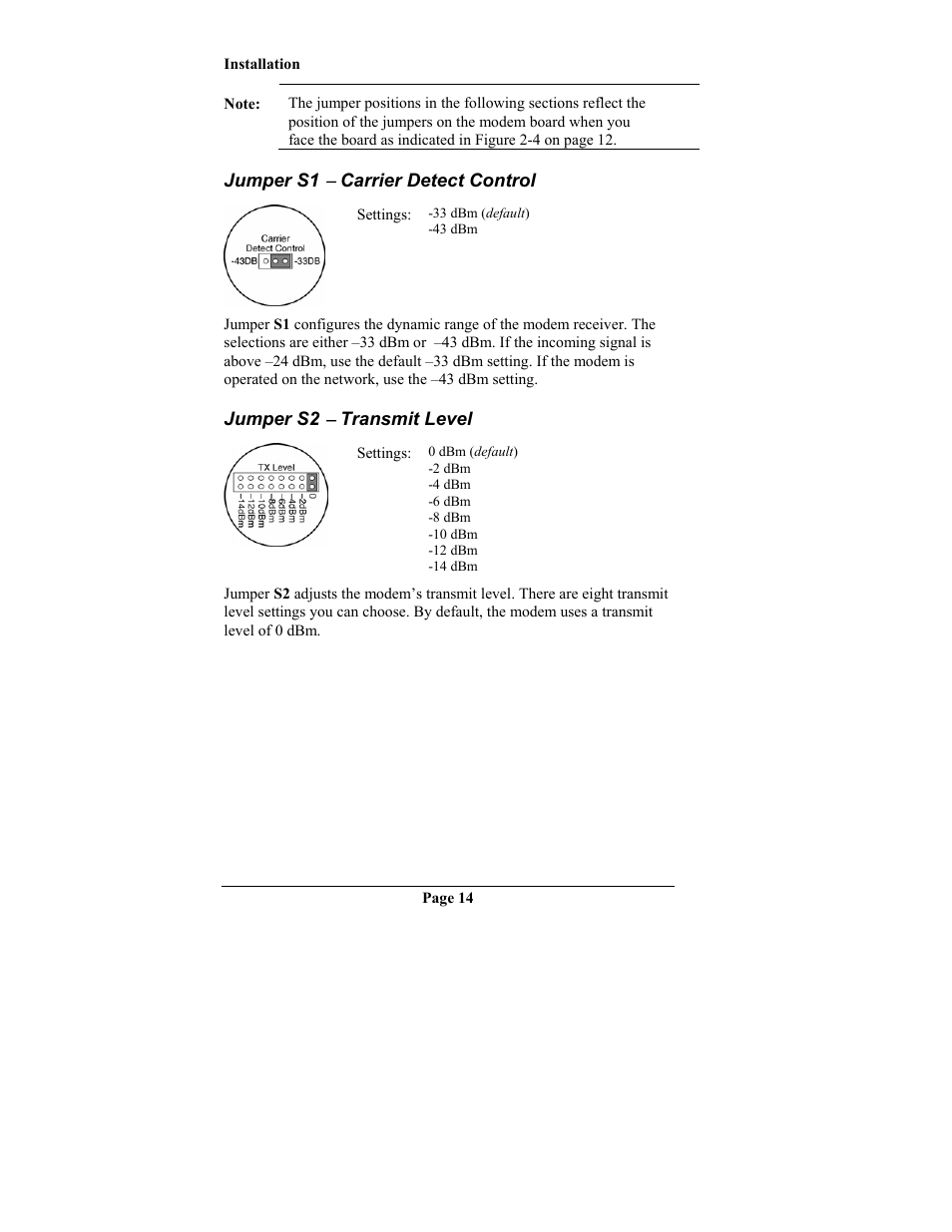 Jumper s1 ( carrier detect control, Jumper s2 ( transmit level, Jumper s1 | Carrier detect control, Jumper s2, Transmit level | Telenetics MOT202TRM User Manual | Page 16 / 38