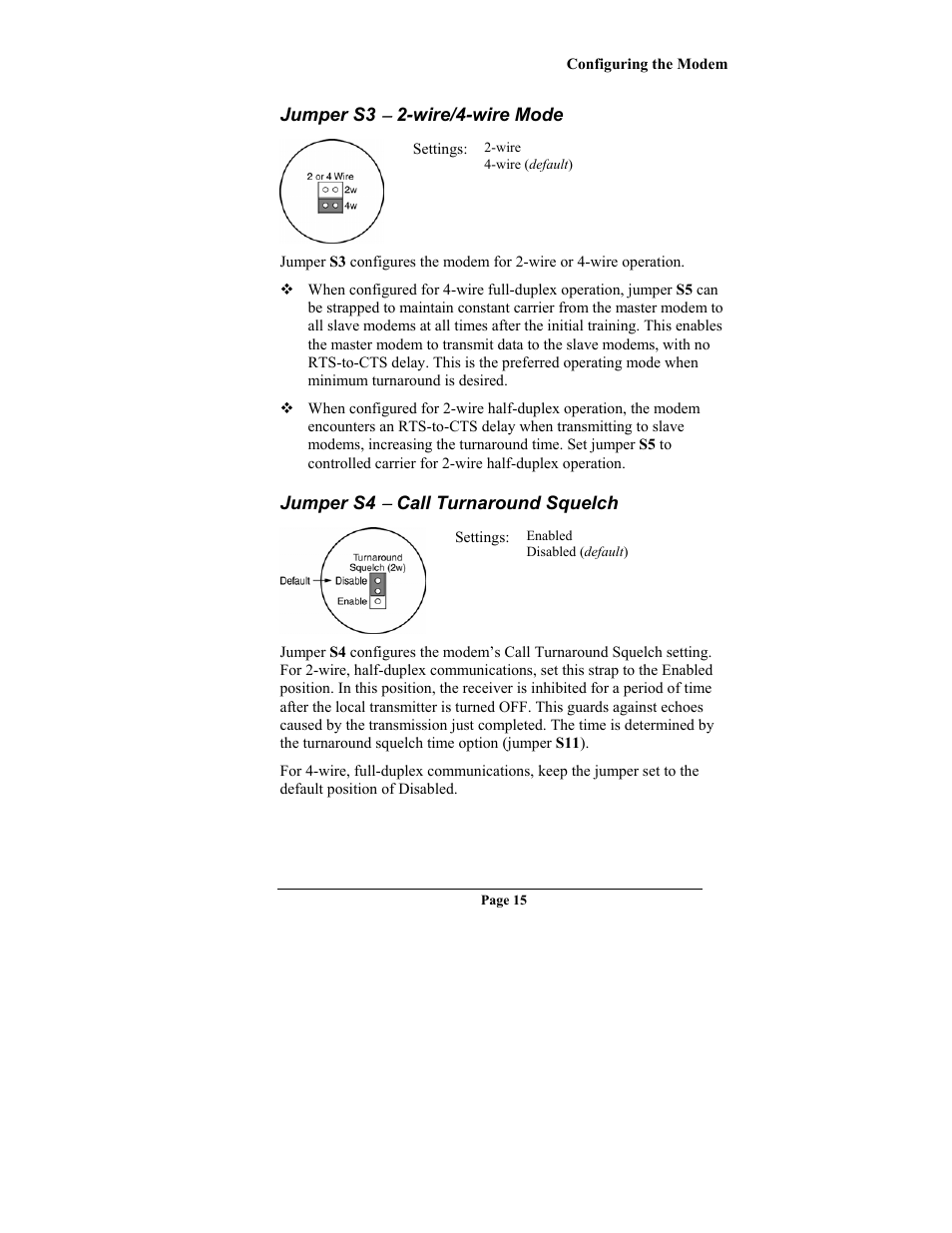 Jumper s3 ( 2-wire/4-wire mode, Jumper s4 ( call turnaround squelch, Jumper s3 | Wire/4-wire mode, Jumper s4, Call turnaround squelch | Telenetics MOT202TRM User Manual | Page 17 / 38