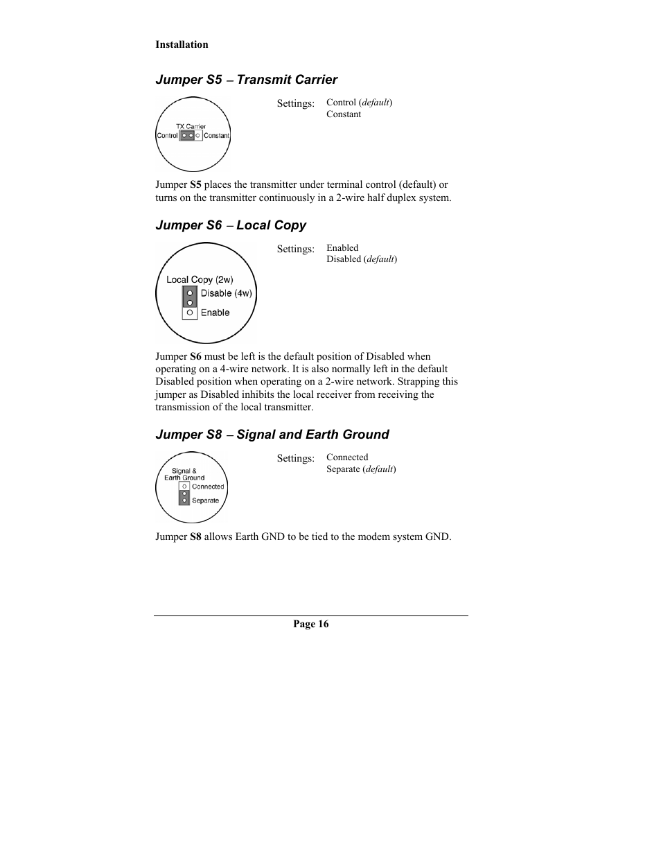 Jumper s5 ( transmit carrier, Jumper s6 ( local copy, Jumper s8 ( signal and earth ground | Jumper s5, Transmit carrier, Jumper s6, Local copy, Jumper s8, Signal and earth ground | Telenetics MOT202TRM User Manual | Page 18 / 38