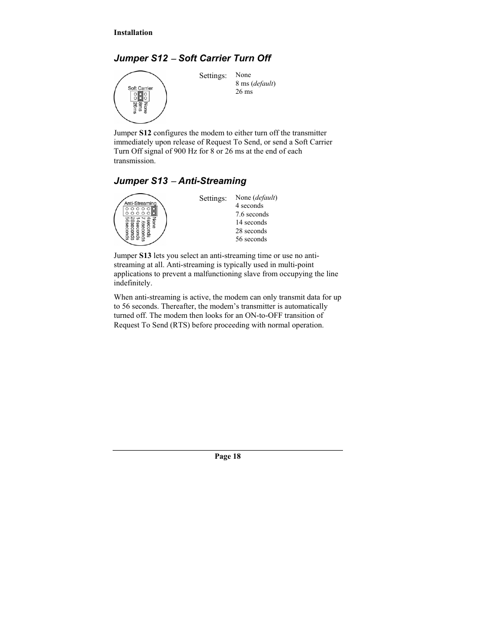Jumper s12 ( soft carrier turn off, Jumper s13 ( anti-streaming, Jumper s12 | Soft carrier turn off, Jumper s13, Anti-streaming | Telenetics MOT202TRM User Manual | Page 20 / 38