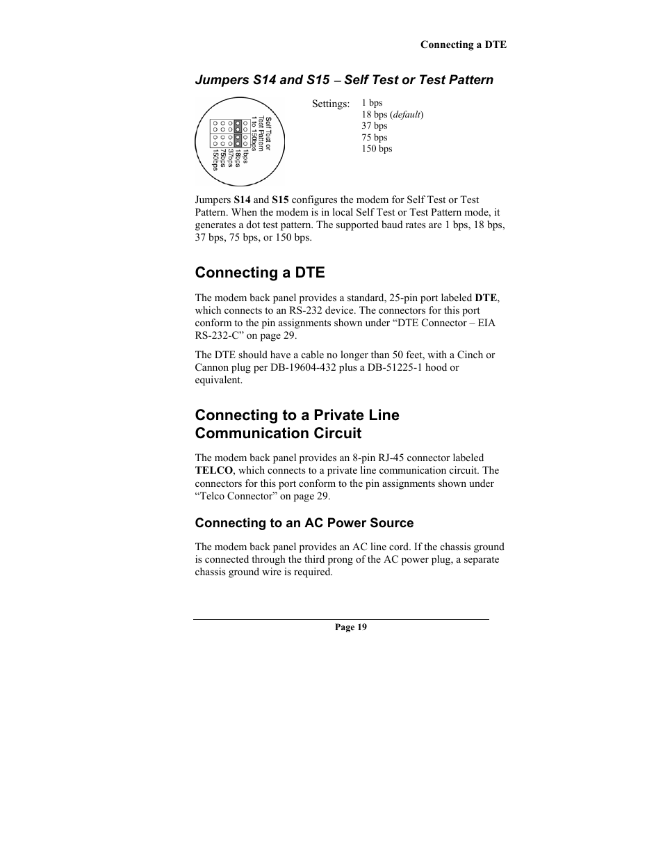 Jumpers s14 and s15 ( self test or test pattern, Connecting a dte, Connecting to a private line communication circuit | Connecting to an ac power source, Jumpers s14 and s15, Self test or test pattern, Onnecting a, Onnecting to a, Rivate, Ommunication | Telenetics MOT202TRM User Manual | Page 21 / 38