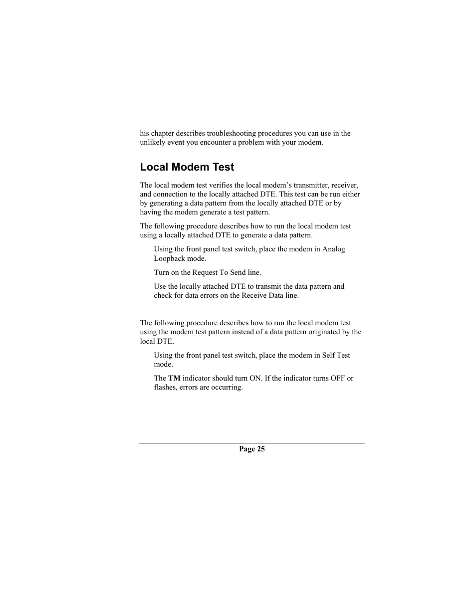 Local modem test, Chapter 4 troubleshooting l, Ocal | Odem, Chapter 4 troubleshooting | Telenetics MOT202TRM User Manual | Page 27 / 38