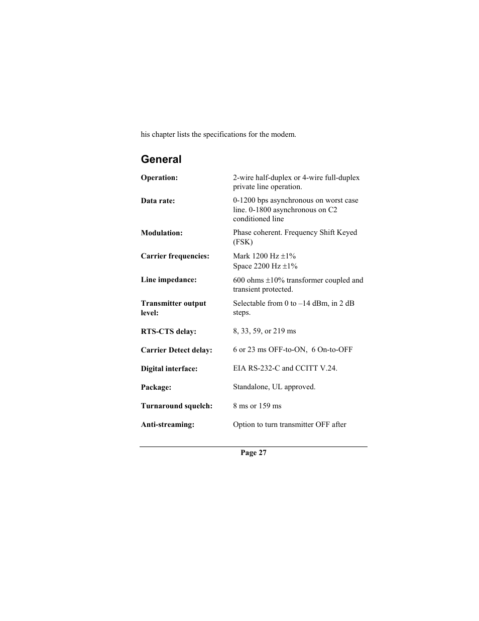 General, Chapter 5 specifications g, Eneral | Chapter 5 specifications | Telenetics MOT202TRM User Manual | Page 29 / 38