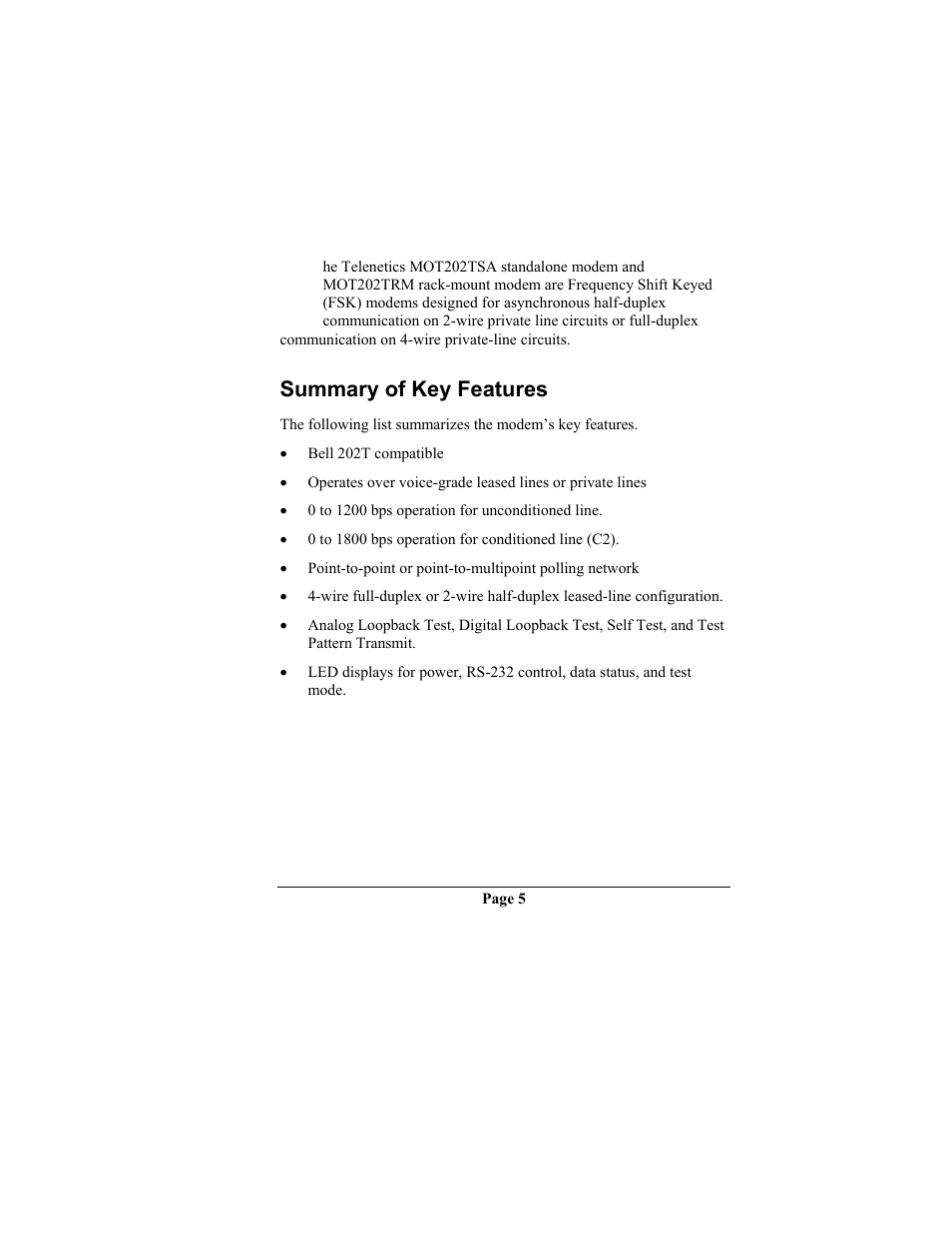 Summary of key features, Chapter 1 introduction s, Ummary of | Eatures, Chapter 1 introduction | Telenetics MOT202TRM User Manual | Page 7 / 38
