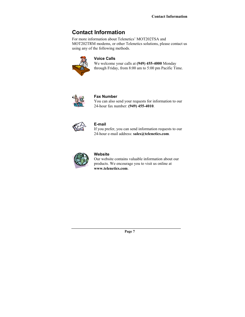 Contact information, Ontact, Nformation | Telenetics MOT202TRM User Manual | Page 9 / 38