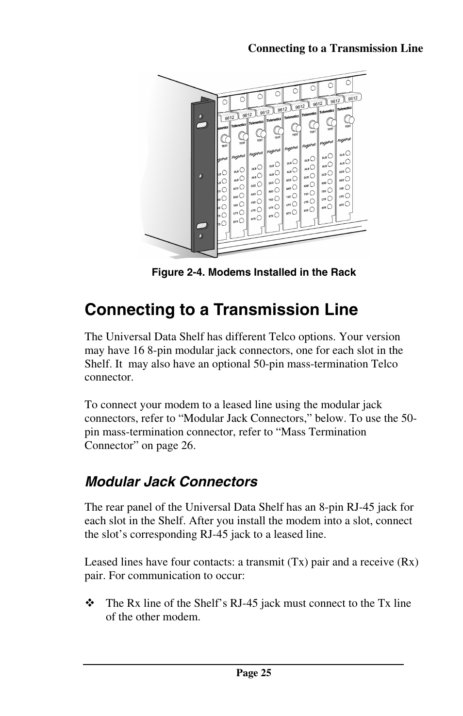Connecting to a transmission line, Modular jack connectors | Telenetics DSP9612RM User Manual | Page 25 / 36