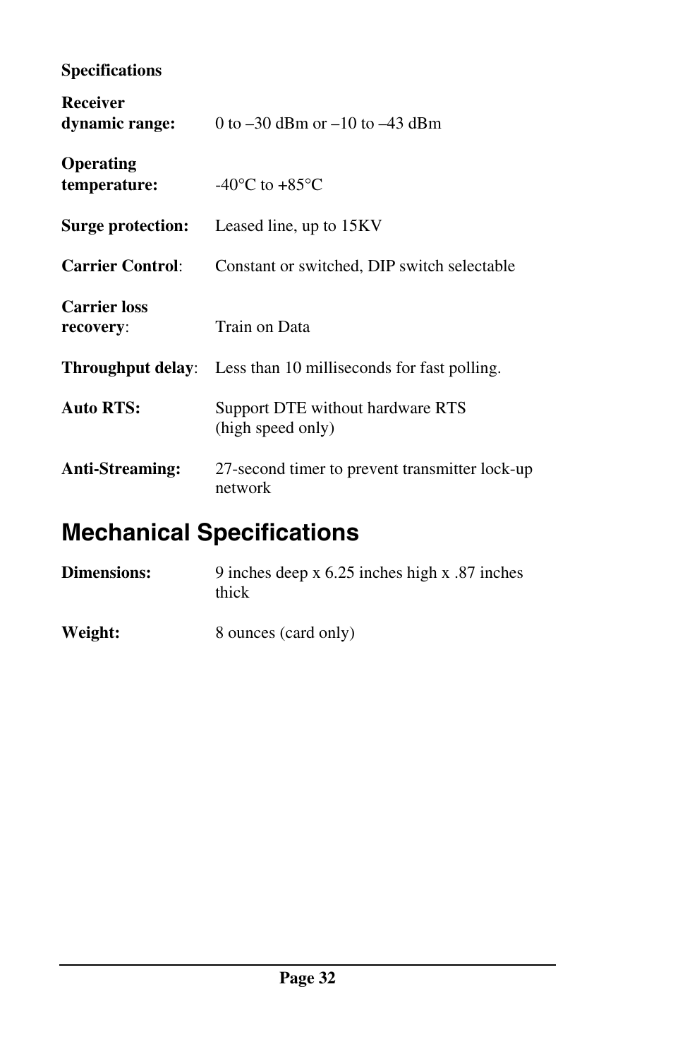 Mechanical specifications | Telenetics DSP9612RM User Manual | Page 32 / 36