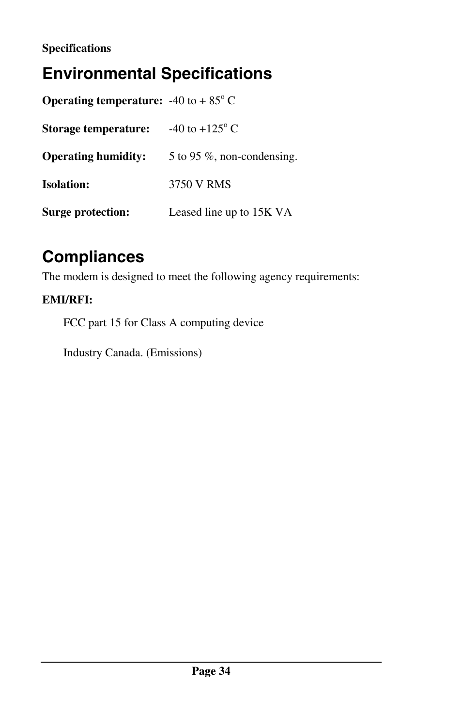 Environmental specifications, Compliances | Telenetics DSP9612RM User Manual | Page 34 / 36
