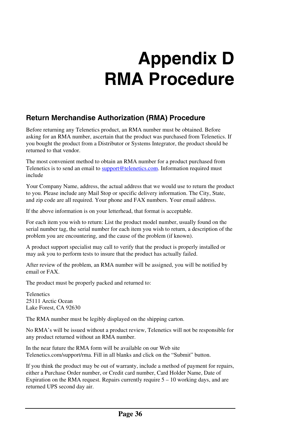 Appendix d rma procedure | Telenetics DSP9612RM User Manual | Page 36 / 36