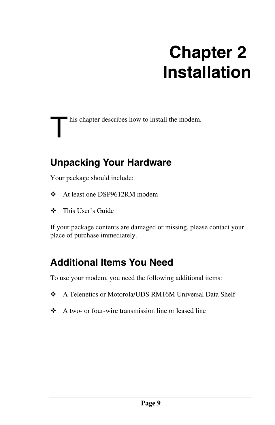 Chapter 2 installation | Telenetics DSP9612RM User Manual | Page 9 / 36