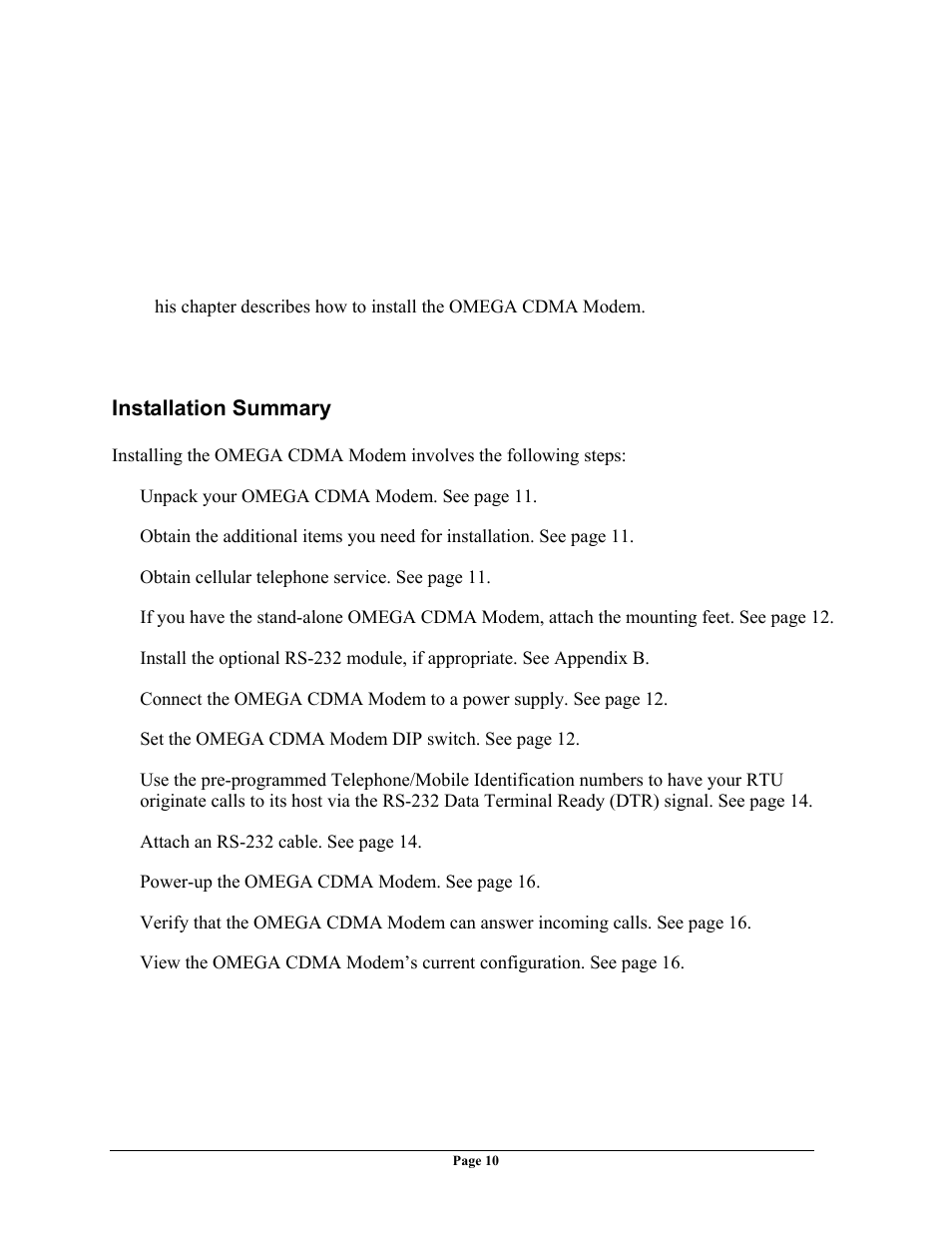 Installation summary, Chapter 2 installation i, Nstallation | Ummary, Chapter 2 installation | Telenetics OMEGA CDMA User Manual | Page 10 / 32