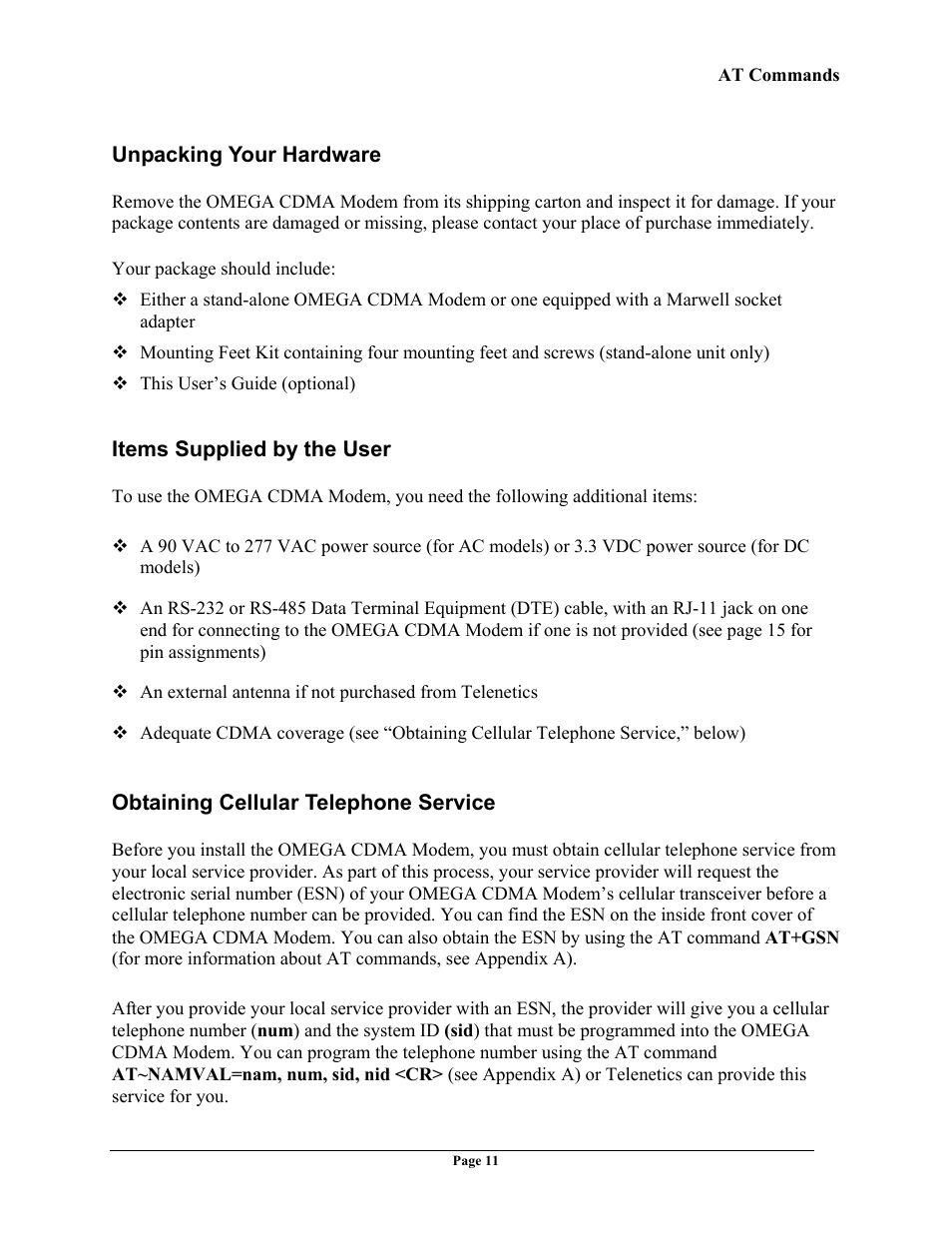 Unpacking your hardware, Items supplied by the user, Obtaining cellular telephone service | Npacking, Ardware, Tems, Upplied by the, Btaining, Ellular, Elephone | Telenetics OMEGA CDMA User Manual | Page 11 / 32