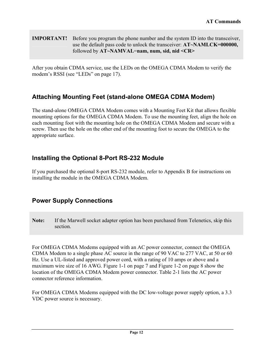 Installing the optional 8-port rs-232 module, Power supply connections, Ttaching | Ounting, Stand, Alone, Omega, Cdma, Odem, Nstalling the | Telenetics OMEGA CDMA User Manual | Page 12 / 32