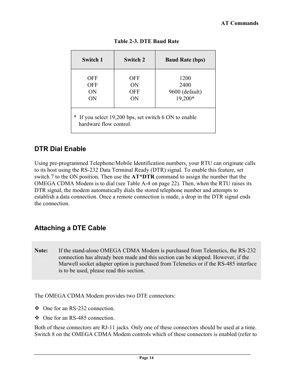 Dtr dial enable, Attaching a dte cable, Nable | Ttaching a, Able | Telenetics OMEGA CDMA User Manual | Page 14 / 32