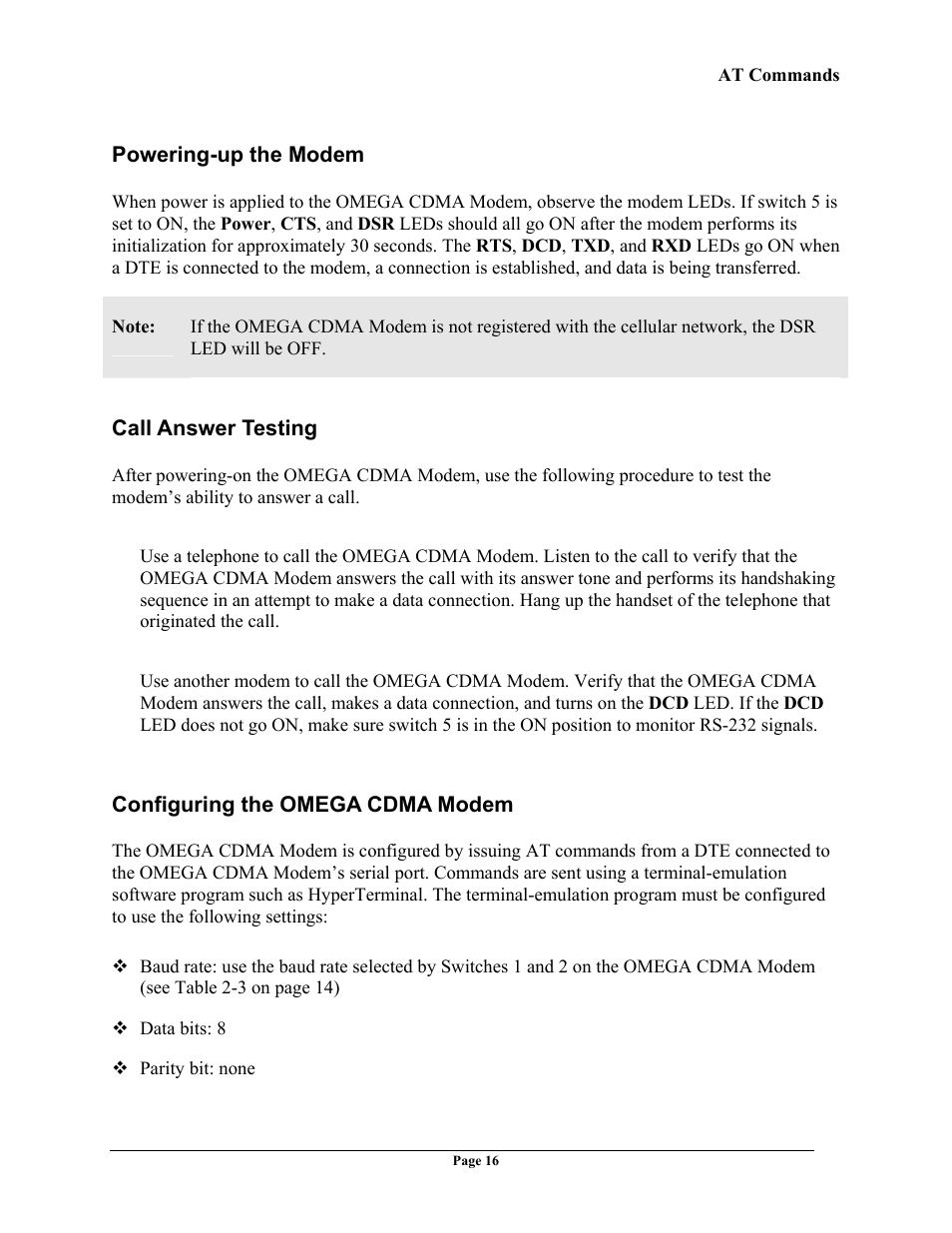 Powering-up the modem, Call answer testing, Configuring the omega cdma modem | Owering, Up the, Odem, Nswer, Esting, Onfiguring the, Omega | Telenetics OMEGA CDMA User Manual | Page 16 / 32