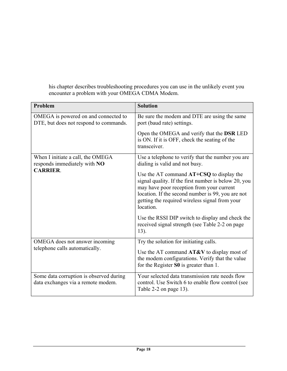 Chapter 3 troubleshooting | Telenetics OMEGA CDMA User Manual | Page 18 / 32