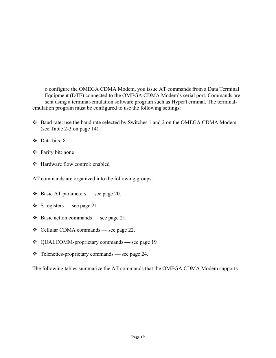 Appendix a at commands | Telenetics OMEGA CDMA User Manual | Page 19 / 32