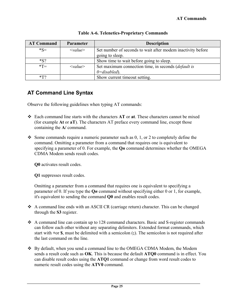 At command line syntax, Ommand, Yntax | Telenetics OMEGA CDMA User Manual | Page 25 / 32