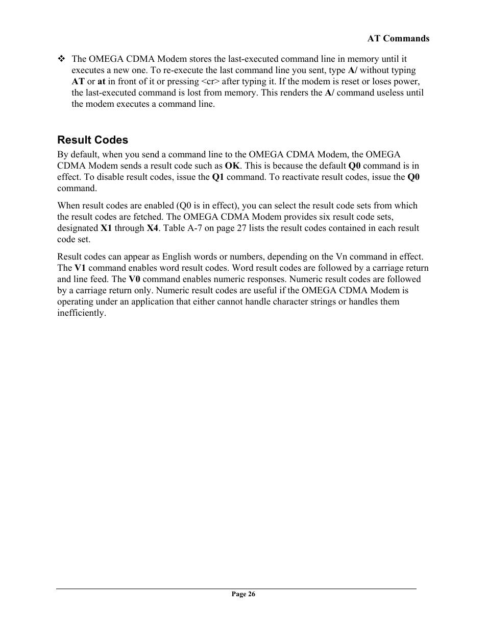 Result codes, Esult, Odes | Telenetics OMEGA CDMA User Manual | Page 26 / 32