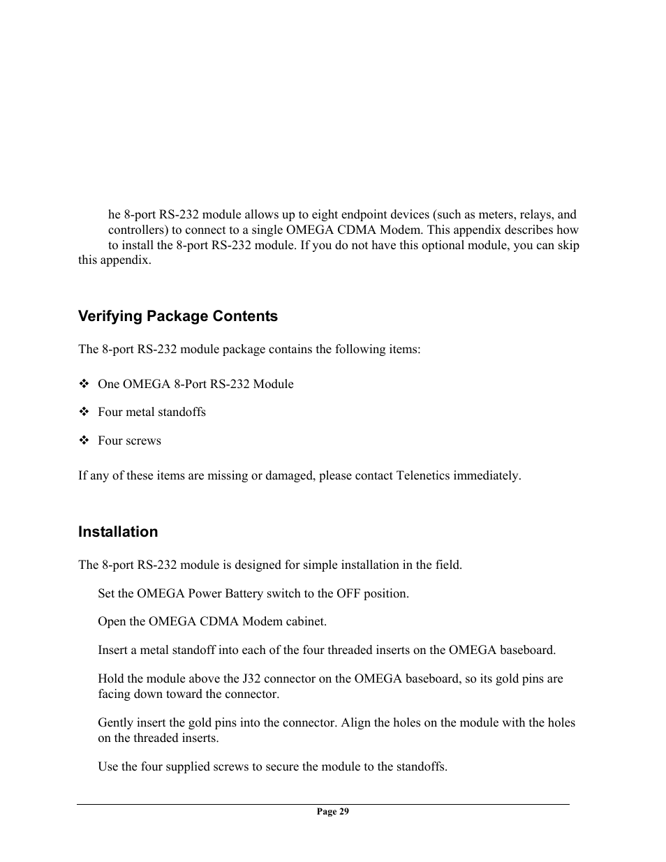 Verifying package contents, Installation, Appendix b installing the 8-port rs-232 module v | Erifying, Ackage, Ontents, Nstallation, Appendix b installing the 8-port rs-232 module | Telenetics OMEGA CDMA User Manual | Page 29 / 32