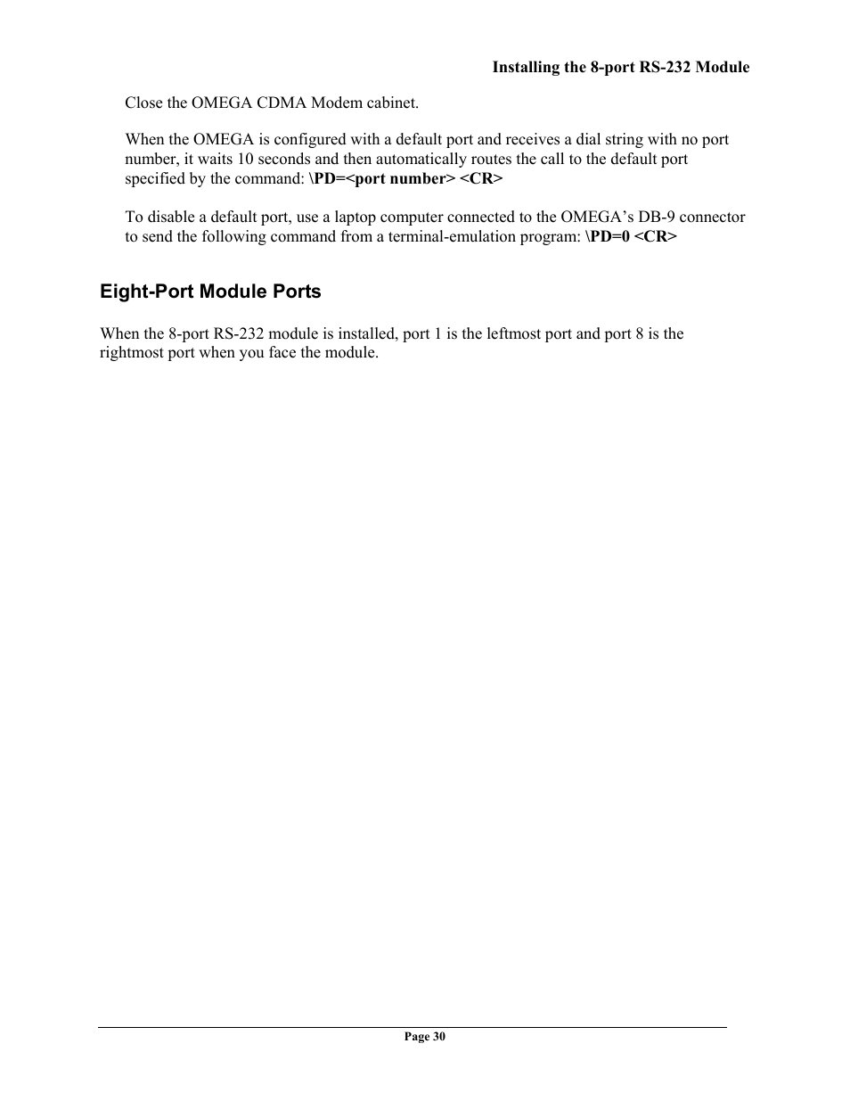 Eight-port module ports, Ight, Odule | Orts | Telenetics OMEGA CDMA User Manual | Page 30 / 32