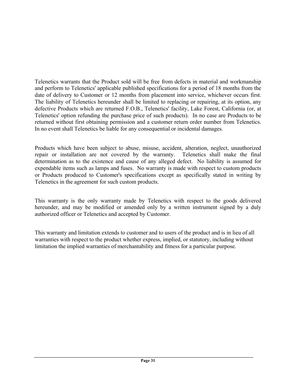 Limited product warranty | Telenetics OMEGA CDMA User Manual | Page 31 / 32