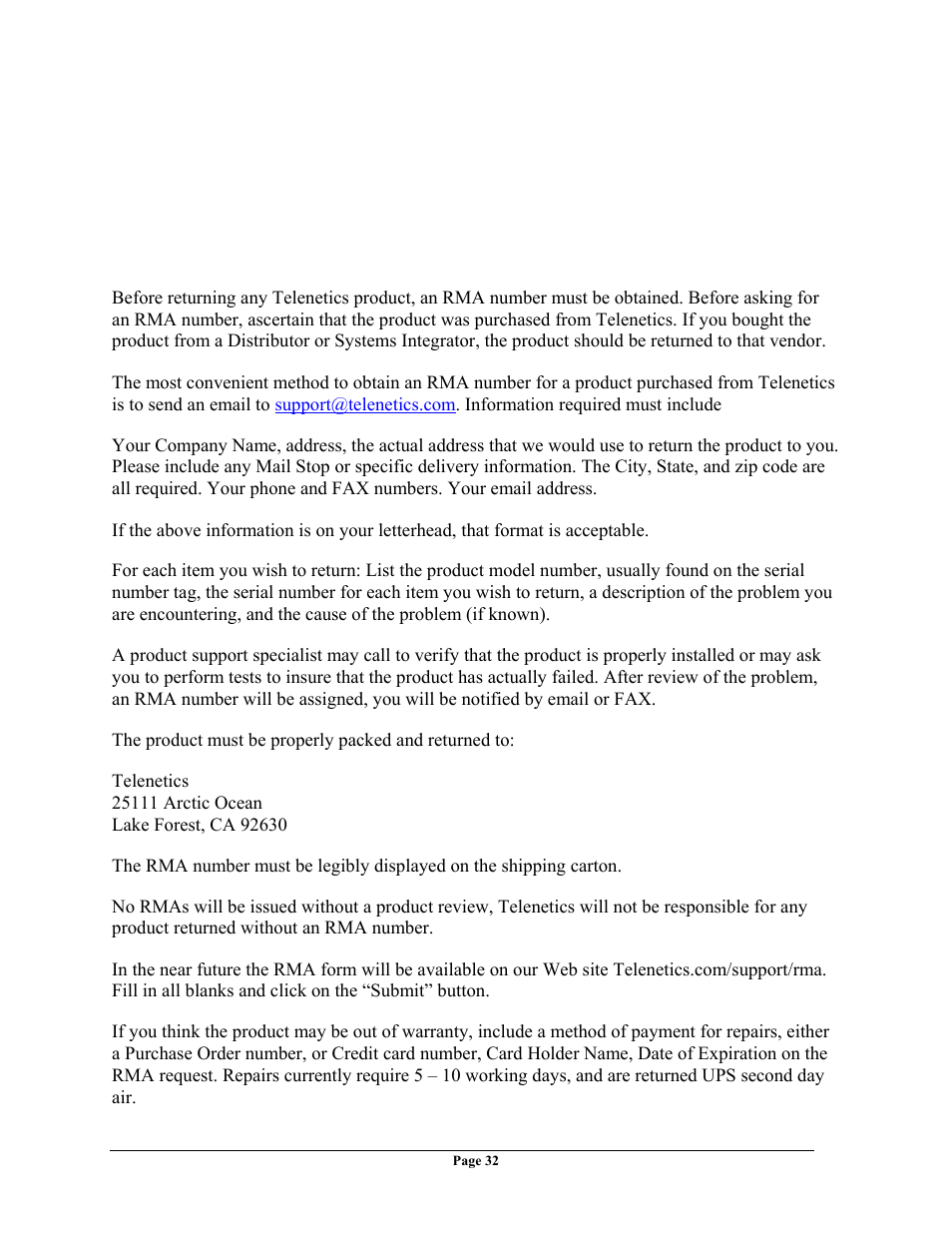 Return merchandise authorization (rma) procedure | Telenetics OMEGA CDMA User Manual | Page 32 / 32