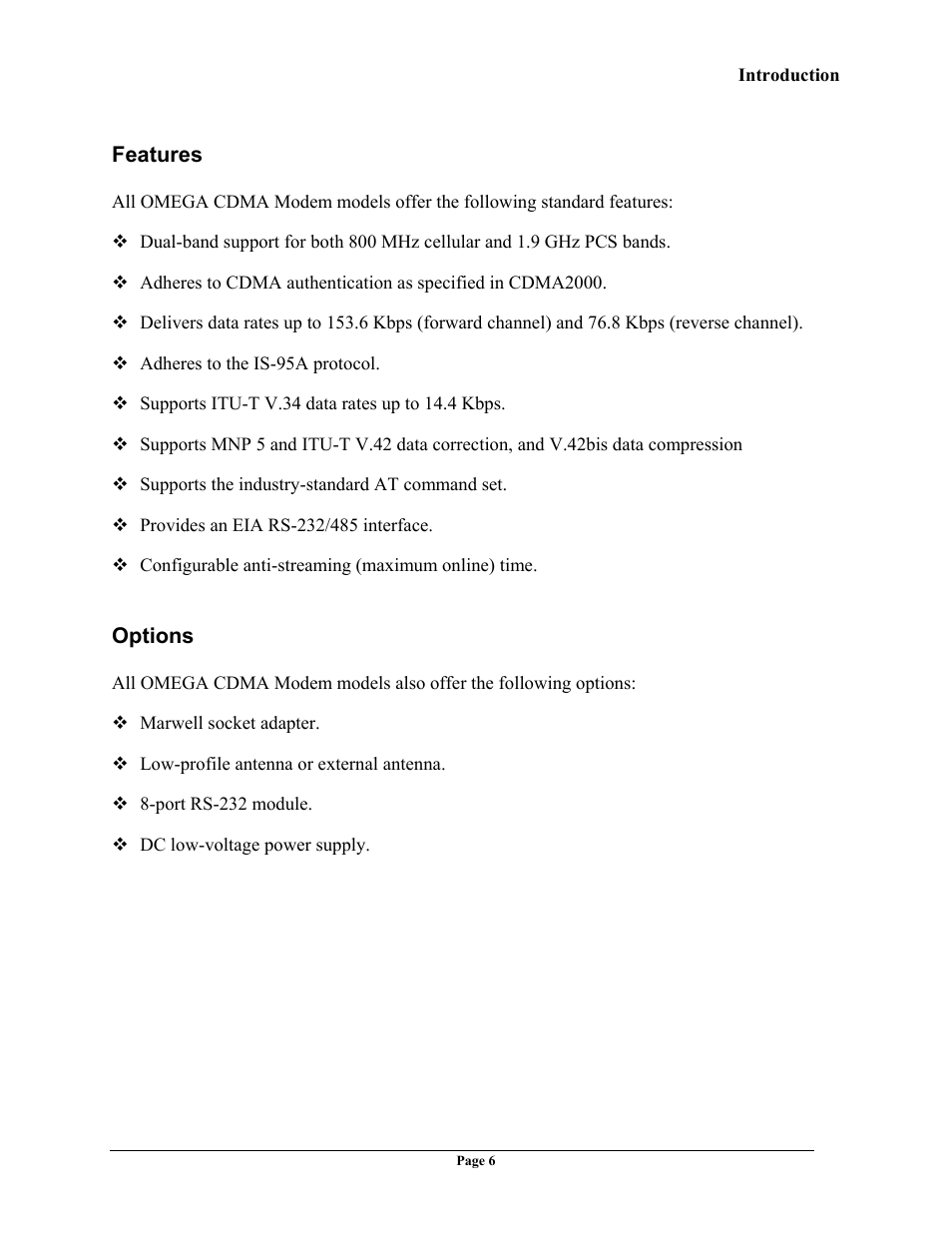 Features, Options, Eatures | Ptions | Telenetics OMEGA CDMA User Manual | Page 6 / 32